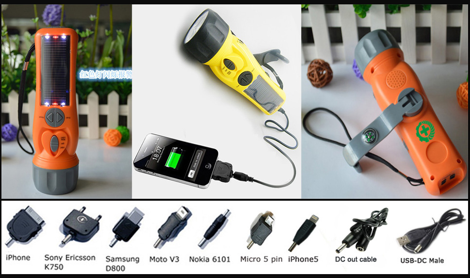 Multifunction solar hand crank flashlight with With FM radio/SOS/compass etc function